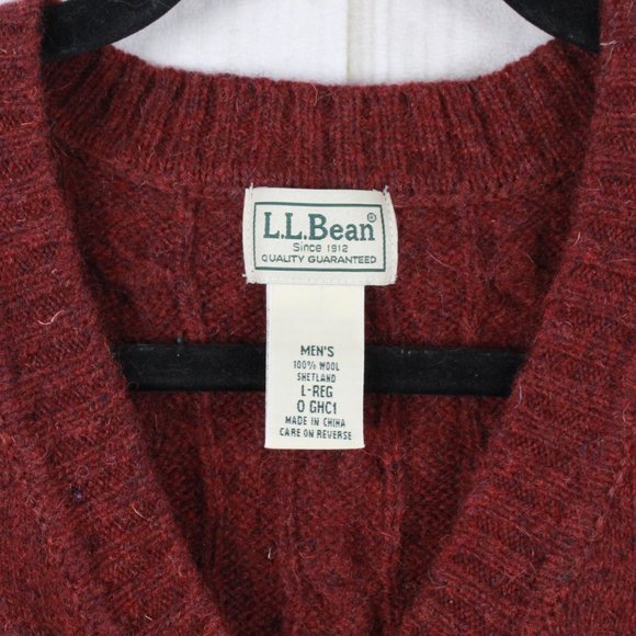 LL Bean Red 100% Wool Shetland V-Neck Cable Knit Pullover Vest Size L - Picture 4 of 9